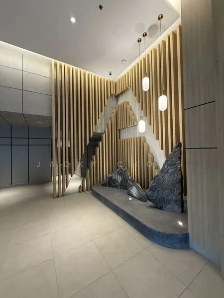 Room features: wooden feature wall, grey stone seating area, modern pendant lighting, recessed ceiling lights, textured wall panels, neutral tile flooring, decorative stone sculptures, staircase with wooden railing; style: modern.