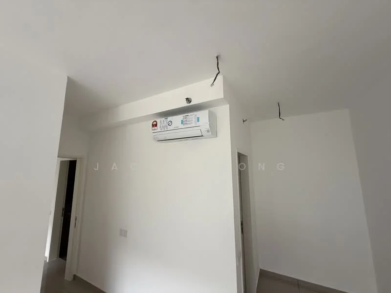Room features: white painted walls, ceiling with no visible features, 1 wall-mounted split AC, light-colored tile flooring, doorway leading to another room; style: modern.