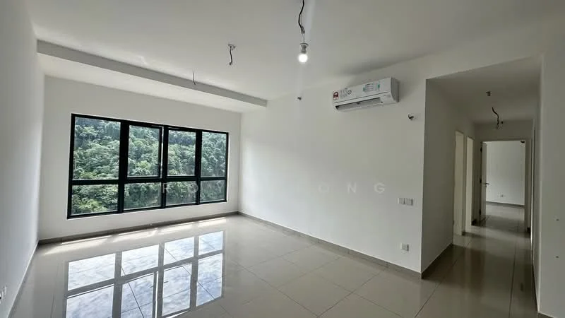 Room features: white painted walls, glossy tile flooring, floor-to-ceiling windows, mountain view, 1 wall-mounted split AC, recessed ceiling lights, neutral color scheme; style: modern; view: mountain.