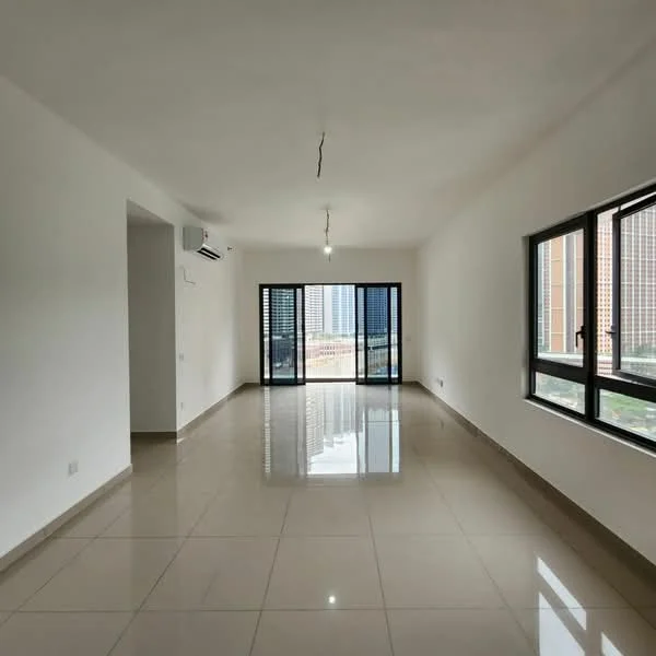 Living features: white painted walls, polished ceramic tile flooring, floor-to-ceiling windows, sliding glass door, 1 wall-mounted split AC, recessed downlights, natural light from windows, view of city skyline; style: modern; view: city.