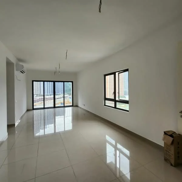 Living features: white painted walls, glossy ceramic tile flooring, floor-to-ceiling windows, sliding glass door, 1 wall-mounted split AC, recessed downlights, neutral color scheme, open layout, city view; style: modern; view: city.