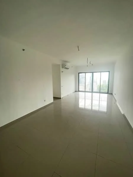 Living features: white painted walls, glossy ceramic tile flooring, floor-to-ceiling windows, sliding glass door, 1 wall-mounted split AC, recessed downlights, neutral color scheme, open layout; style: modern; view: garden.