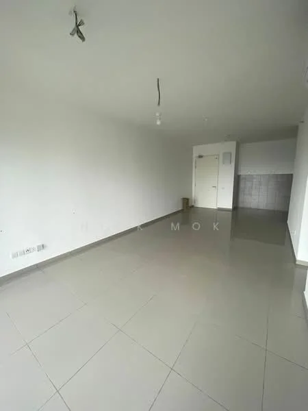 Room features: white painted walls, grey tiled flooring, single ceiling light fixture, door leading to another room, corner with tiled wall, empty space, no visible furniture; style: minimalist.