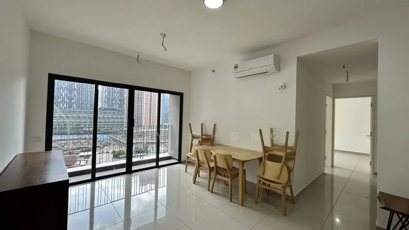 Dining features: dining table with six chairs, white painted walls, glossy tile flooring, floor-to-ceiling windows, wall-mounted air conditioning unit, recessed downlights, view of outdoor space, open layout; style: modern; view: garden. Room features: white painted walls, glossy tile flooring, doorway leading to another room.