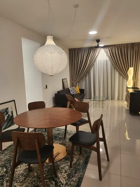 Dining features: round wooden dining table, 6 wooden dining chairs with black cushions, pendant lamp with a round shade, area rug with a green and white pattern, floor-to-ceiling curtains in beige, wall-mounted artwork, light-colored walls, glossy tiled flooring; style: modern. Living features: black sofa, decorative floor lamp, sideboard, framed artwork, light-colored walls, glossy tiled flooring; style: modern.