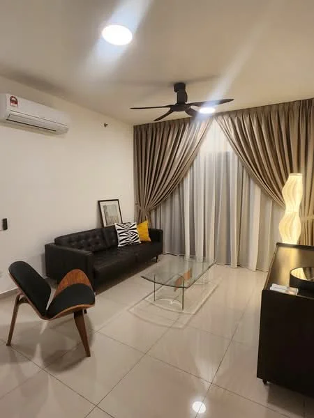 Living features: 3-seater black leather sofa, glass coffee table, wooden accent chair, 5-blade ceiling fan with light, wall-mounted split AC, floor-to-ceiling windows, sheer curtains, blackout curtains, decorative floor lamp, framed artwork, cream painted walls, glossy tile flooring; style: modern.