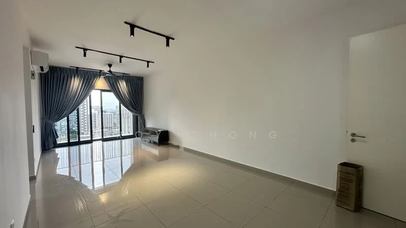 Living features: white painted walls, glossy ceramic tile flooring, recessed LED downlights, floor-to-ceiling windows, sliding glass door, sheer curtains, balcony access, air conditioning unit, decorative ceiling track lighting; style: modern; view: city.