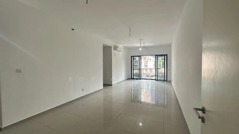 Living features: white painted walls, glossy ceramic tile flooring, recessed downlights, 1 wall-mounted split AC, floor-to-ceiling windows, blackout curtains, open layout, neutral color scheme; style: modern; view: city.