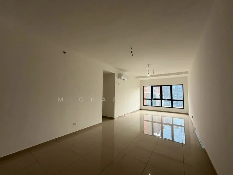 Room features: white painted walls, polished ceramic tile flooring, 1 wall-mounted split AC, large floor-to-ceiling windows, natural light, minimalist ceiling with exposed wiring, neutral color palette; style: modern; view: city.