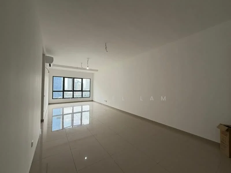 Living features: white painted walls, polished ceramic tile flooring, floor-to-ceiling windows, natural light from windows, air conditioning unit, suspended ceiling with exposed wiring, open layout, neutral color scheme; style: modern; view: city.