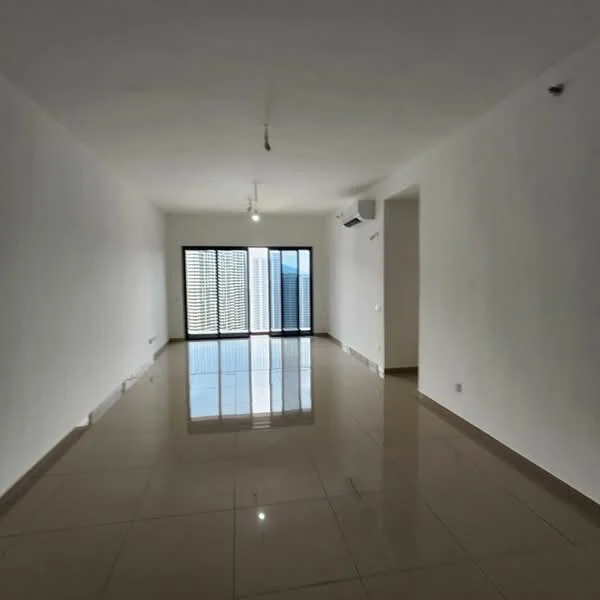 Living features: white painted walls, glossy beige tile flooring, floor-to-ceiling windows, sliding glass door, 1 wall-mounted split AC, recessed downlights, single pendant light, no visible furniture; style: modern; view: city.