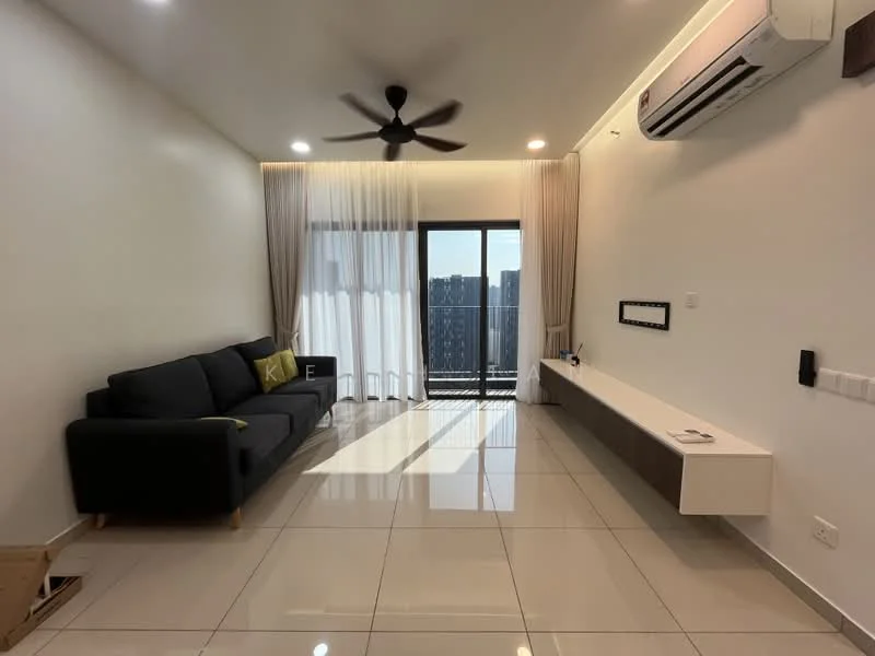 Living features: 3-seater fabric sofa in black, ceiling fan with light, wall-mounted TV console, floor-to-ceiling windows, sheer curtains, white walls, glossy ceramic tile flooring, air conditioning unit, decorative wall mirror; style: modern.