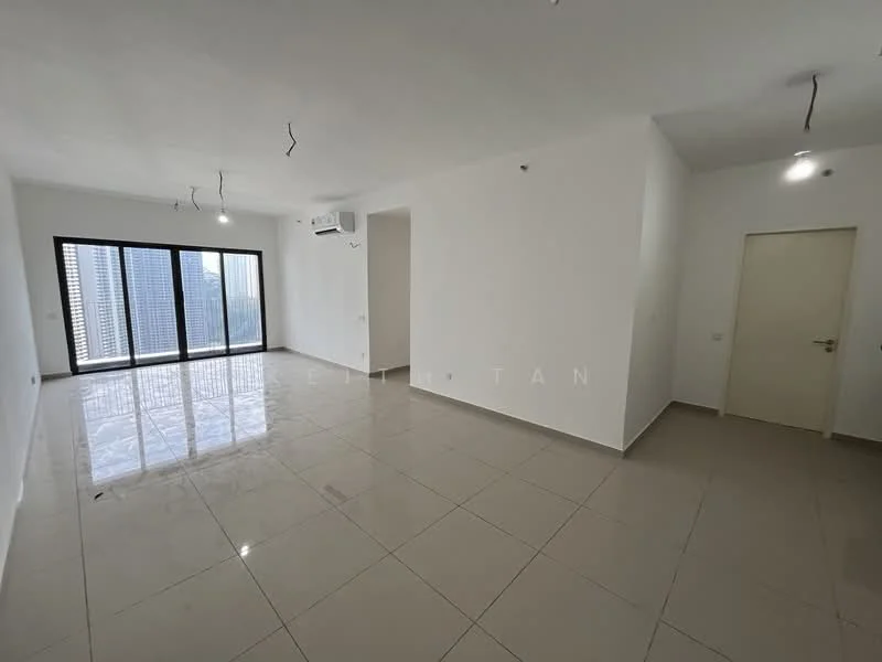 Room features: white painted walls, glossy tile flooring, floor-to-ceiling windows, 1 wall-mounted split AC, recessed downlights, 2 ceiling light fixtures, open layout, neutral color scheme; style: modern; view: city.