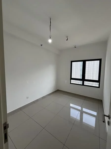 Room features: white painted walls, grey tiled flooring, 2 windows with black frames, recessed downlights, 1 ceiling light fixture, corner location, no visible furniture, minimalist design; style: modern.