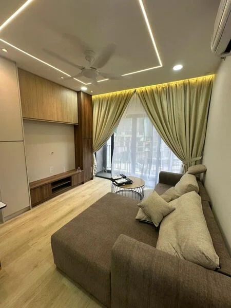 Living features: L-shape sectional sofa in beige, coffee table, wall-mounted TV, built-in cabinetry with wood finish, floor-to-ceiling windows, sheer curtains, recessed LED downlights, ceiling fan, wooden flooring, decorative wall paneling, area rug; style: modern.