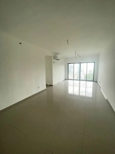 Living features: white painted walls, polished ceramic tile flooring, recessed downlights, 1 wall-mounted split AC, floor-to-ceiling sliding glass doors, view of garden, open layout, no visible furniture; style: modern; view: garden.