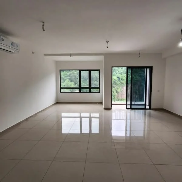 Living features: white painted walls, polished ceramic tile flooring, floor-to-ceiling windows, sliding glass door, balcony access, 1 wall-mounted split AC, recessed downlights, natural light from windows, view of greenery; style: modern; view: garden.
