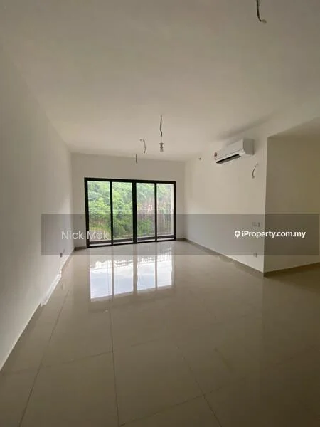 Living features: white painted walls, glossy ceramic tile flooring, 5-blade ceiling fan, wall-mounted split AC, floor-to-ceiling windows, sliding glass door, natural light from windows, neutral color scheme; style: modern; view: garden.