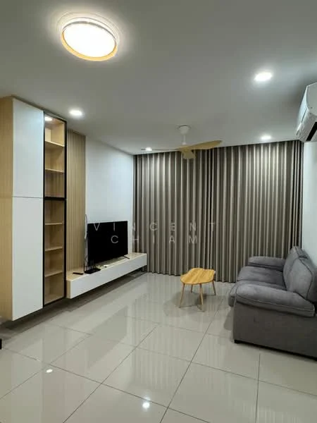 Living features: grey fabric sofa, wooden coffee table, wall-mounted TV, TV console with storage, white cabinetry with glass doors, cream tiled flooring, recessed ceiling lights, ceiling fan, vertical striped curtains, air conditioning unit; style: modern.