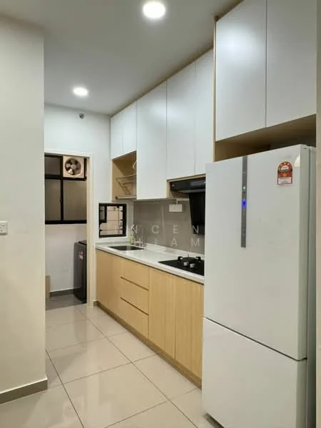 Kitchen features: white upper cabinets, wood lower cabinets, white countertop, stainless-steel sink, chrome pull-down faucet, built-in gas hob, built-in oven, stainless-steel fridge, ceramic tile flooring, recessed downlights, window with security grille, washing machine, ventilation fan; style: modern.