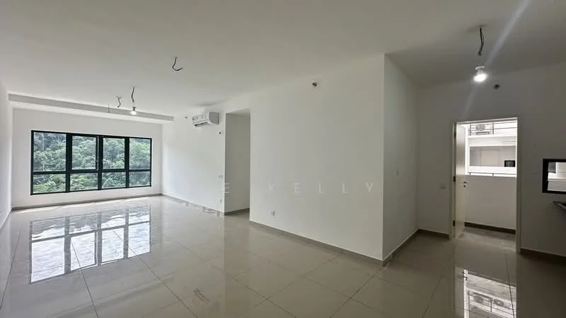 Living features: large floor-to-ceiling windows, white painted walls, polished ceramic tile flooring, recessed downlights, 1 wall-mounted split AC, open layout, view of greenery, no visible furniture; style: modern; view: garden. Room features: white painted walls, doorway leading to another room, no visible furniture.