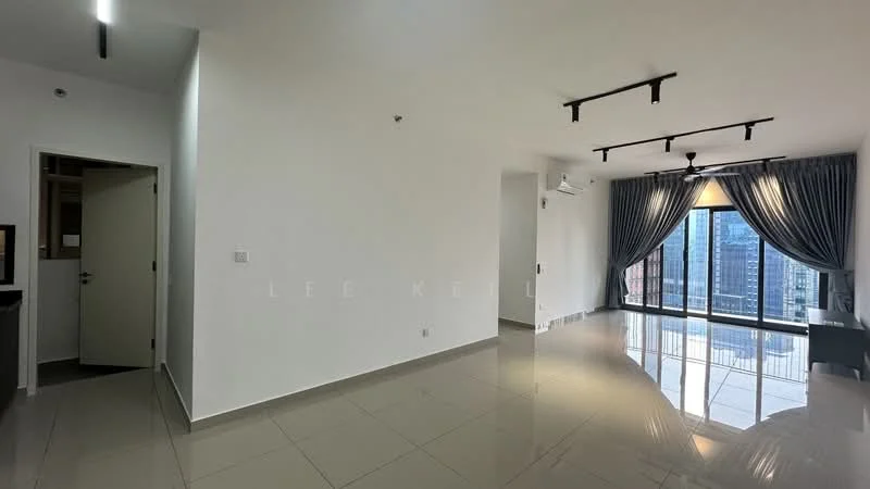 Living features: white painted walls, glossy ceramic tile flooring, floor-to-ceiling windows, sliding glass door, grey curtains, recessed LED downlights, 1 wall-mounted split AC, TV console, wall-mounted TV, decorative wall, open layout, city view; style: modern; view: city.