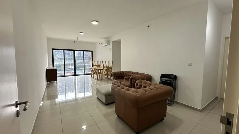 Living features: white painted walls, glossy tile flooring, recessed downlights, floor-to-ceiling windows, brown leather tufted sofa, beige fabric ottoman, wooden dining table with chairs, wall-mounted split AC; style: modern; view: city.