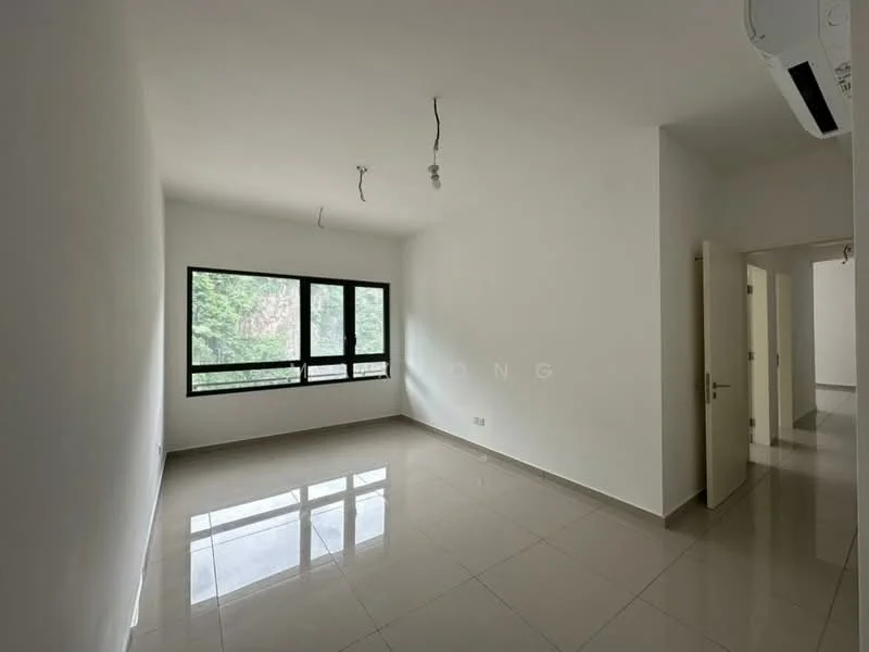 Living features: white painted walls, glossy ceramic tile flooring, floor-to-ceiling windows, 2-window configuration, air conditioning unit, recessed ceiling lights, neutral color scheme, open layout; style: modern; view: garden.