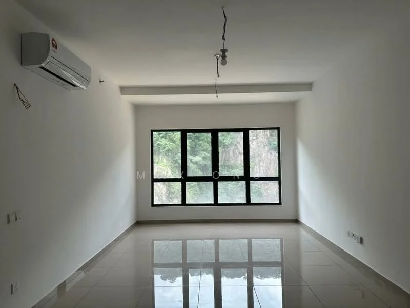 Living features: white painted walls, polished tile flooring, floor-to-ceiling windows, 1 wall-mounted split AC, ceiling light fixture, no visible furniture, neutral color scheme, view of greenery outside; style: modern; view: garden.