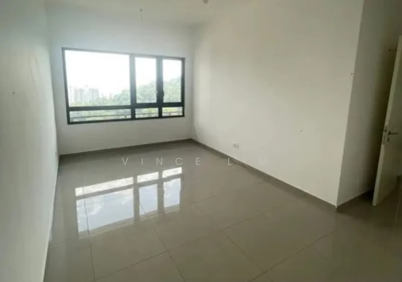 Room features: white painted walls, grey tiled flooring, floor-to-ceiling windows, city view, single light fixture on ceiling; style: modern; view: city.