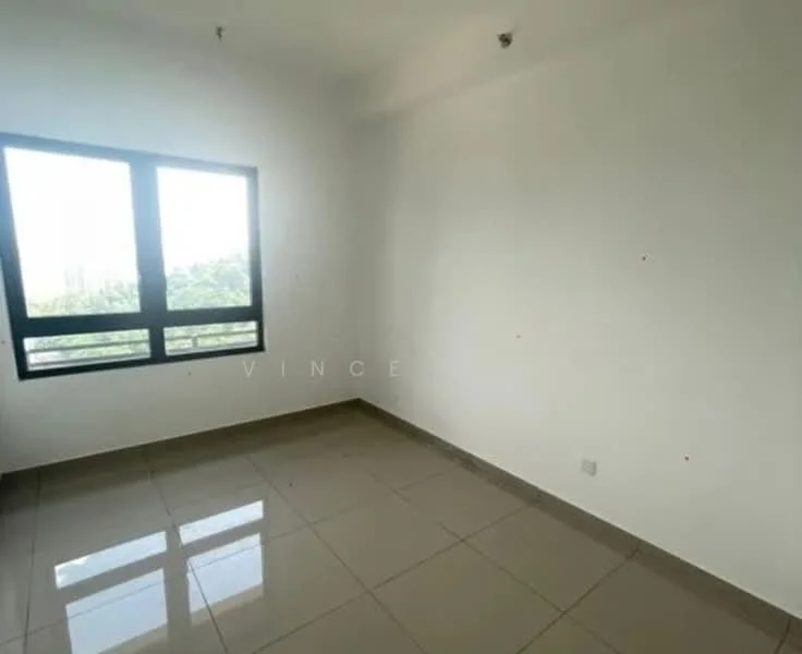 Room features: white painted walls, glossy ceramic tile flooring, large window with black frame, view of greenery outside, ceiling lights, no visible furniture, empty space; style: minimalist; view: garden.