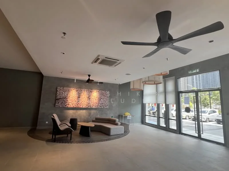 Room features: grey painted walls, exposed concrete wall, recessed downlights, 5-blade ceiling fan, large glass entrance doors, floor-to-ceiling windows, light-colored tile flooring, decorative wall art, seating area with sofa, coffee table, decorative plants; style: modern; view: street.