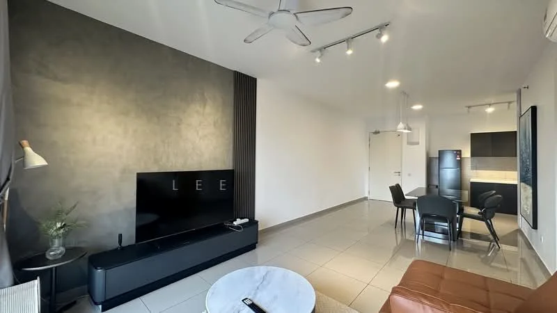 Living features: grey accent wall, white painted walls, floor-to-ceiling windows, 5-blade ceiling fan, recessed LED downlights, black TV console, wall-mounted TV, coffee table, brown leather sofa, dining table with black chairs, tile flooring, air conditioning unit; style: modern.