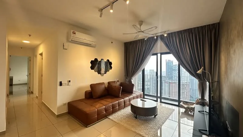 Living features: 3-seater brown leather sofa, coffee table, floor-to-ceiling windows, city skyline view, curtains, ceiling fan with light, wall-mounted TV, decorative mirror, tile flooring, air conditioning unit, area rug; style: modern; view: city.