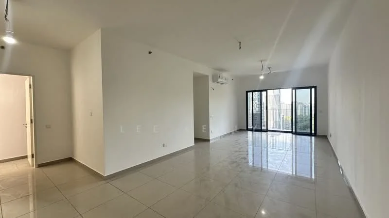 Living features: white painted walls, polished ceramic tile flooring, recessed downlights, 1 wall-mounted split AC, floor-to-ceiling windows, sliding glass door, balcony access, neutral color scheme; style: modern; view: city.