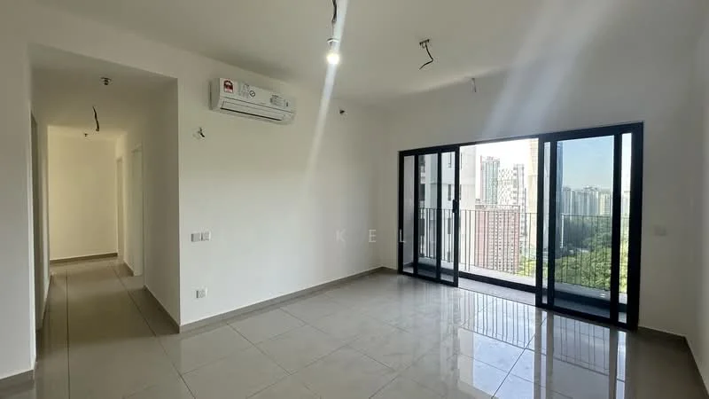 Living features: white painted walls, polished ceramic tile flooring, floor-to-ceiling windows, sliding glass door, 1 wall-mounted split AC, recessed downlights, balcony access, city view; style: modern; view: city. Hallway features: white painted walls, polished ceramic tile flooring, recessed downlights; style: modern.