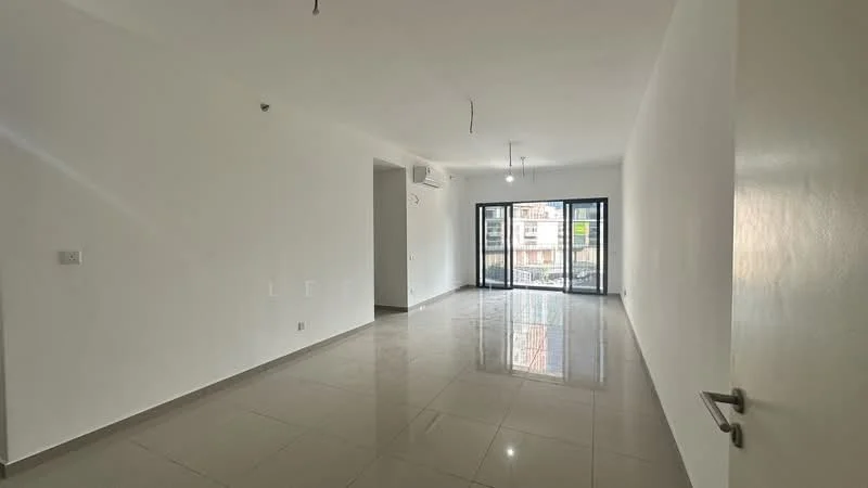 Living features: white painted walls, glossy ceramic tile flooring, recessed downlights, 1 wall-mounted split AC, floor-to-ceiling windows, sliding glass door, natural light from windows, open layout; style: modern; view: city.