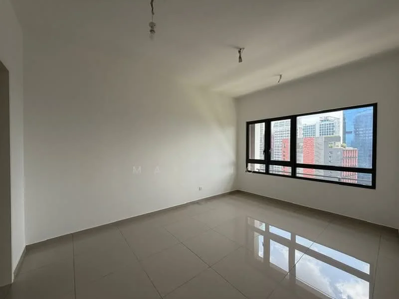 Room features: white painted walls, glossy ceramic tile flooring, large floor-to-ceiling windows, city view, recessed downlights, two pendant lights, neutral color scheme; style: modern; view: city.