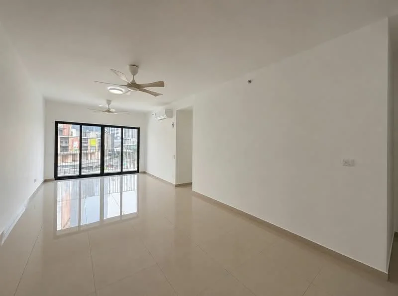 Living features: white painted walls, glossy beige tile flooring, 5-blade ceiling fan with light, floor-to-ceiling windows, sliding glass door, air conditioning unit, natural light, open layout; style: modern; view: city.