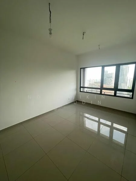 Room features: white painted walls, glossy ceramic tile flooring, floor-to-ceiling windows, city view, no visible ceiling fixtures, empty space; style: modern; view: city.