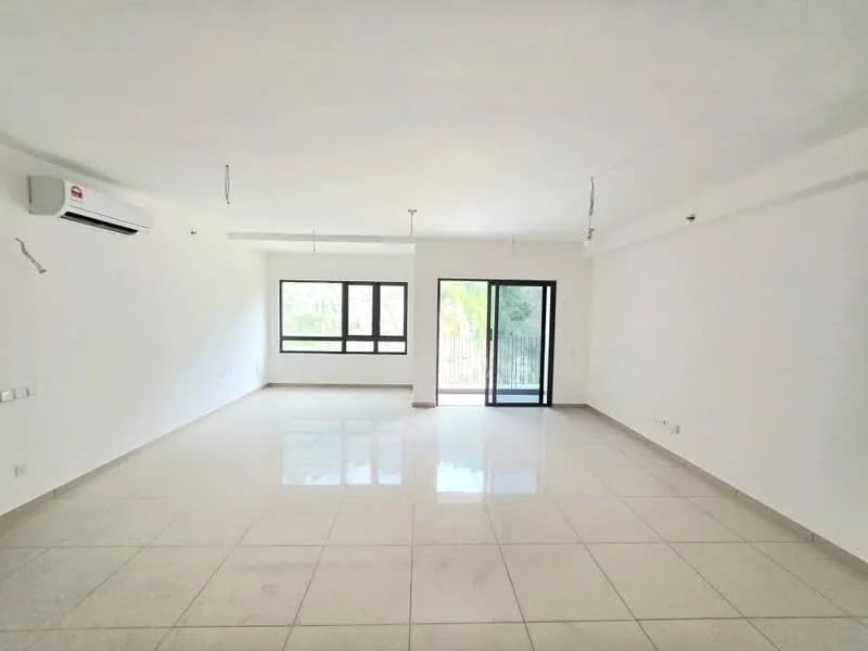 Living features: white painted walls, polished ceramic tile flooring, floor-to-ceiling windows, sliding glass door, 1 wall-mounted split AC, recessed downlights, no visible furniture, neutral color scheme; style: modern; view: garden.