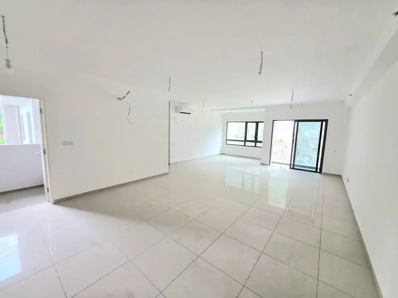 Room features: white painted walls, polished ceramic tile flooring, floor-to-ceiling windows, sliding glass door, 1 wall-mounted split AC, recessed downlights, ceiling fan, open layout, natural light from windows, no visible furniture, minimalist design; style: modern; view: garden.