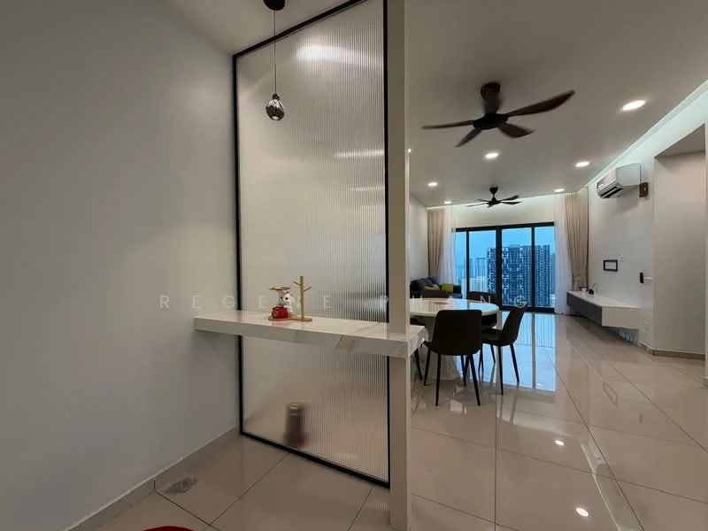 Room features: white painted walls, glossy tile flooring, ceiling with recessed downlights, 5-blade ceiling fan, glass partition, dining table with chairs, floor-to-ceiling windows, city skyline view; style: modern; view: city.