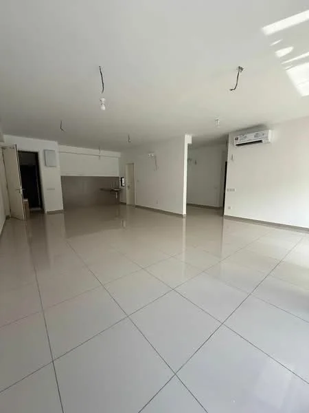 Room features: white painted walls, glossy ceramic tile flooring, recessed downlights, 1 wall-mounted split AC, open layout, multiple doorways, large windows, neutral color scheme; style: modern.