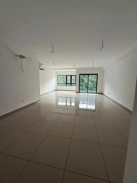 Living features: white painted walls, glossy ceramic tile flooring, floor-to-ceiling windows, sliding glass door, recessed downlights, 1 wall-mounted split AC, open layout, neutral color scheme; style: modern; view: garden.