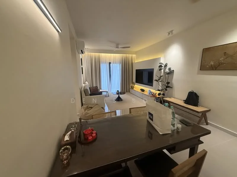 Living features: light beige painted walls, white ceiling, 5-blade ceiling fan, recessed LED downlights, floor-to-ceiling windows with sheer curtains, light wood flooring, wall-mounted TV, sofa with cushions, coffee table, decorative plant, side table, dining table with chairs, water bottle, decorative items on table; style: modern.