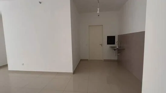 Room features: white painted walls, cream tiled flooring, single door, wall-mounted sink, kitchenette area, ceiling light fixture, neutral color scheme; style: modern.