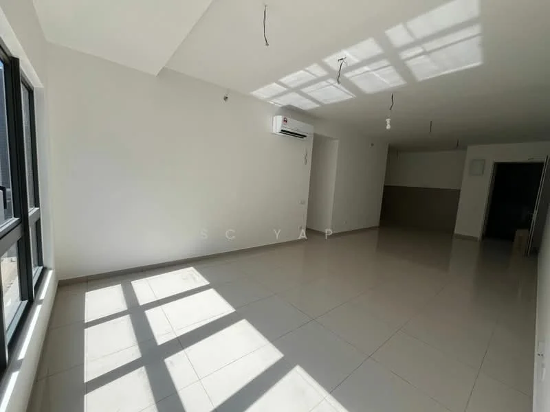 Room features: white painted walls, tile flooring, 1 wall-mounted split AC, large windows, natural light from windows, ceiling with exposed wiring, neutral color scheme, open layout; style: modern.