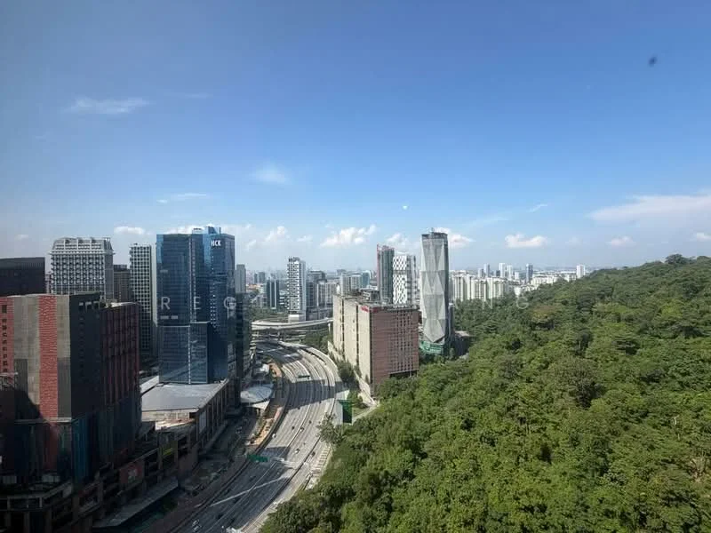 Exterior type: high-rise condominium; features: city skyline view, surrounded by greenery, urban landscape, mixed-use development, high-rise buildings, main road visible; style: modern.