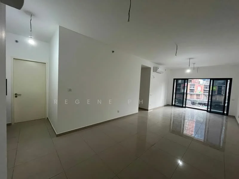 Living features: white painted walls, polished ceramic tile flooring, recessed downlights, 2 wall-mounted split AC units, floor-to-ceiling windows, sliding glass door, balcony access, open layout; style: modern; view: city.